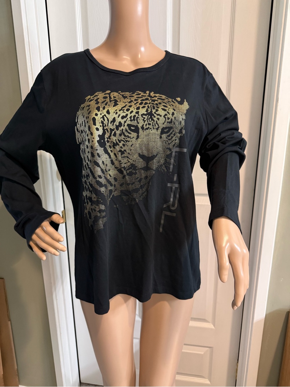 Lauren Ralph Lauren Active Womens XL Top Tee Black Gold Leopard Graphic